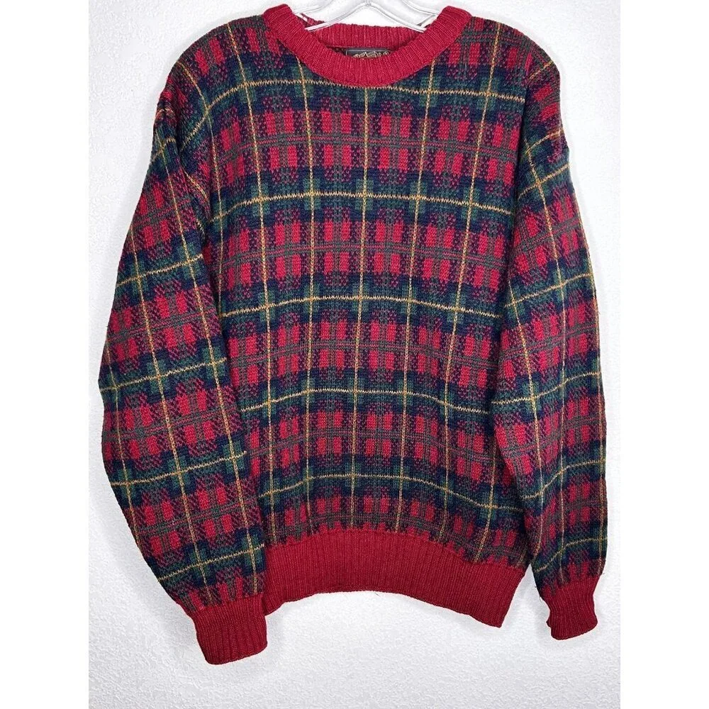 VINTAGE Eddie Bauer Sweater Mens M Red Green Tartan Plaid Crewneck Made USA 90s - Picture 3 of 12